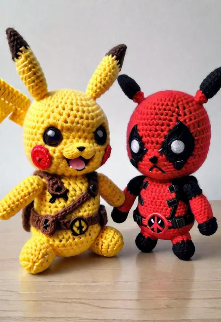 Crocheted Pikachu and Deadpool