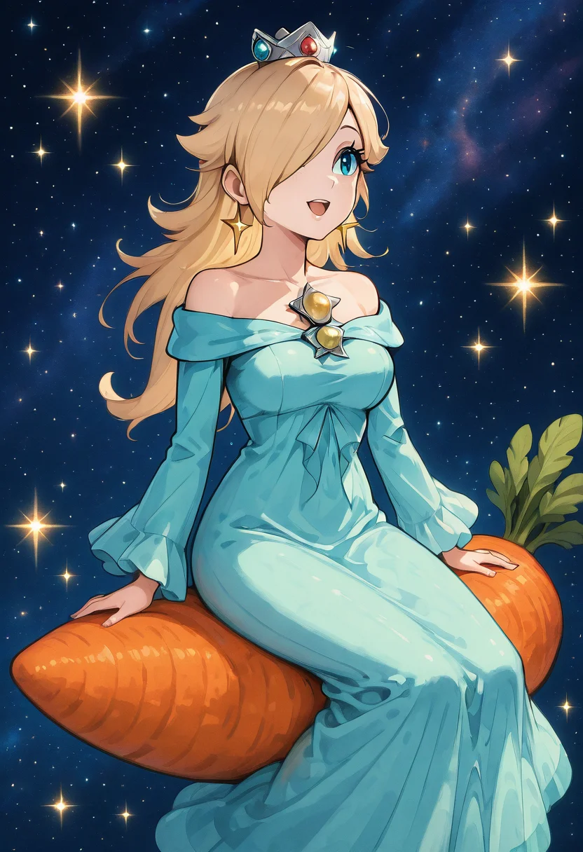 masterpiece, best quality, 1girl, solo, eyelashes, (beautiful eyes), C4rr0tR1d3r, smile, open mouth, night, feet out of frame, , star (sky), night sky, starry sky, large breasts, <lora:C4rr0tR1d3r_IXL_v1:1.0>, RslnDef, crown, bare shoulders, off-shoulder dress, long sleeves, blue dress, long dress, aqua dress, <lora:Rosalina_illusXL_Incrs_v1:1.0>,
