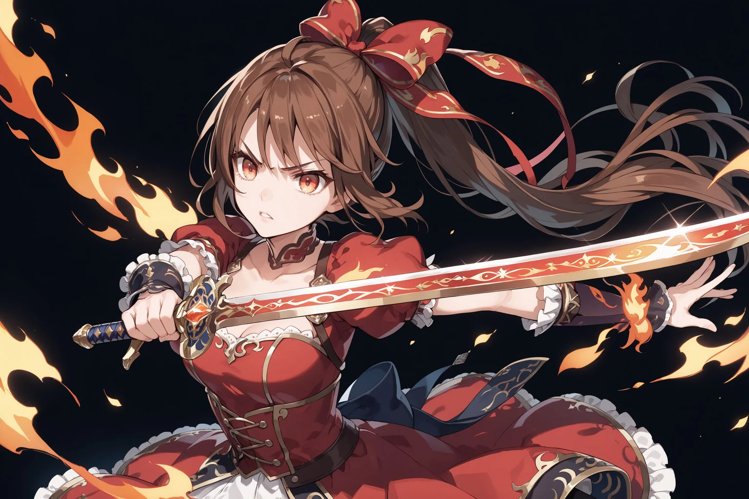 score_max, (score_9, score_8_up, score_7_up:1.2), score_6_up, official art, source_anime,
, masterpiece, absurdres, high detail, 8k,
black background, pyrokinesis, flaming, sparkle, upper body,
holding sword, two-handed, long sword, angry, serious, parted lips,
rana, brown hair, ponytail, hair bow, red dress, detached sleeves, puffy short sleeves, collarbone, breasts,
<lora:XL_Pony_gomaotsu-ranun-t1:1>