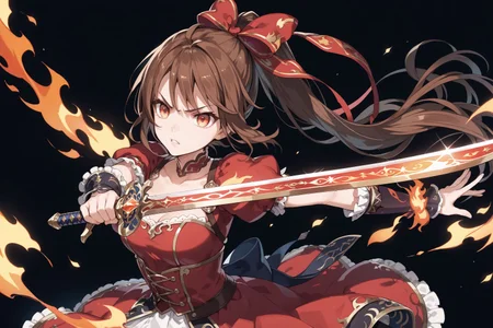 score_max, (score_9, score_8_up, score_7_up:1.2), score_6_up, official art, source_anime,
, masterpiece, absurdres, high detail, 8k,
black background, pyrokinesis, flaming, sparkle, upper body,
holding sword, two-handed, long sword, angry, serious, parted lips,
rana, brown hair, ponytail, hair bow, red dress, detached sleeves, puffy short sleeves, collarbone, breasts,
<lora:XL_Pony_gomaotsu-ranun-t1:1>