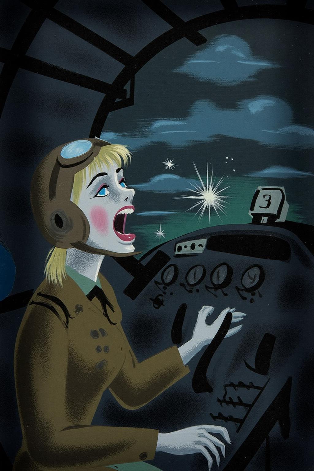 maryblair1 illustration.
A female pilot screaming inside the cockpit of a World War II bomber. The pilot, wearing a vintage leather flight helmet with goggles and a bomber jacket, grips the controls with white-knuckled hands. Her face is contorted in a mix of fear and determination as she yells, her eyes wide with adrenaline. The cockpit is cramped and filled with old-fashioned dials and gauges, with the outside view showing dark stormy clouds and distant anti-aircraft fire  <lora:maryblair2_cap_d8a4:1.0><lora:846227403635242512:0>