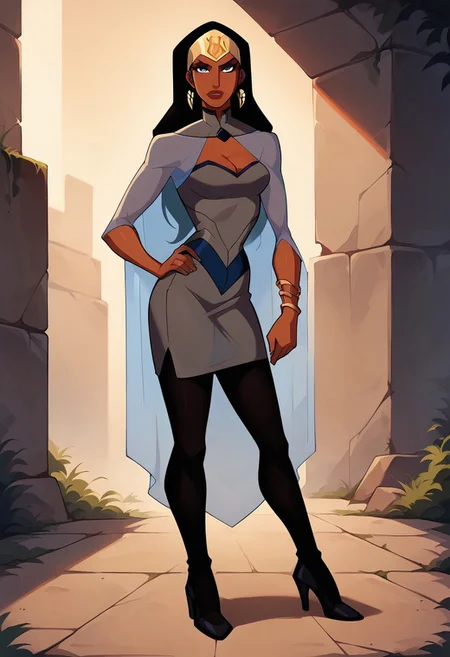 score_9, score_8_up, score_7_up, masterpiece, high quality, western cartoon, cute face,
1girl, solo, qbYJ, dark skin, black hair, long hair, jewelry, earrings, blue eyes, makeup, lipstick, cleavage cutout, grey dress, blue trim on dress, blue decal on dress, see-through cape, bangle, black pantyhose, black leggings, black footwear, black high heels, 
standing, facing forward, looking at viewer, hand on hip,