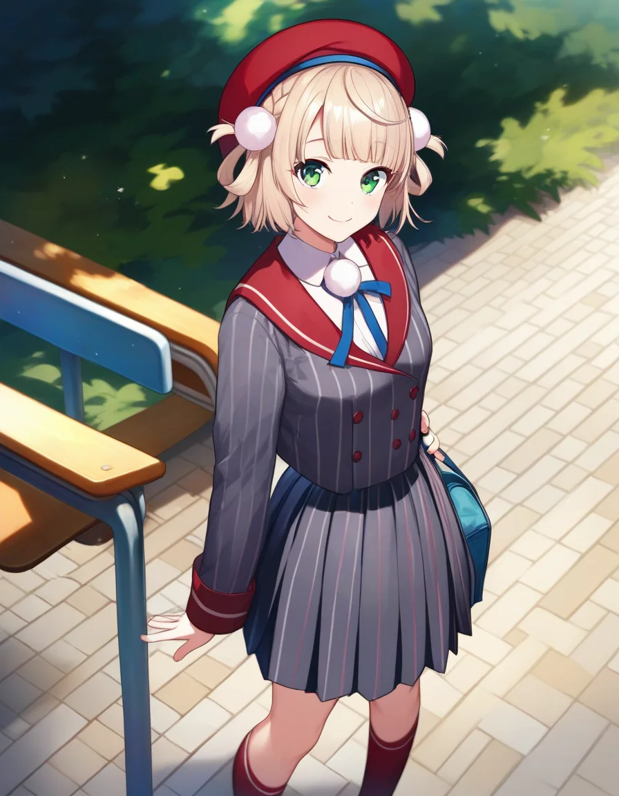 score_9,score_8_up,score_7_up,score_6_up BREAK official art,solo,outdoors,cowboy shot,looking at viewer,facing viewer,smile,shigure ui (vtuber),beret,red headwear,light brown hair,short hair,hair rings,pom pom hair ornament,side braid,french braid,blunt bangs,green eyes,school uniform,grey jacket,vertical-striped jacket,red sailor collar,neck ribbon,pom pom (clothes),collared shirt,white shirt,long sleeves,red wrist cuffs,double-breasted,grey skirt,pleated skirt,vertical-striped skirt,red socks,loafers,<lora:Shigure Ui(vtuber)-Pony:1.3>,<lora:Smooth Anime Style LoRA XL:0.8>,