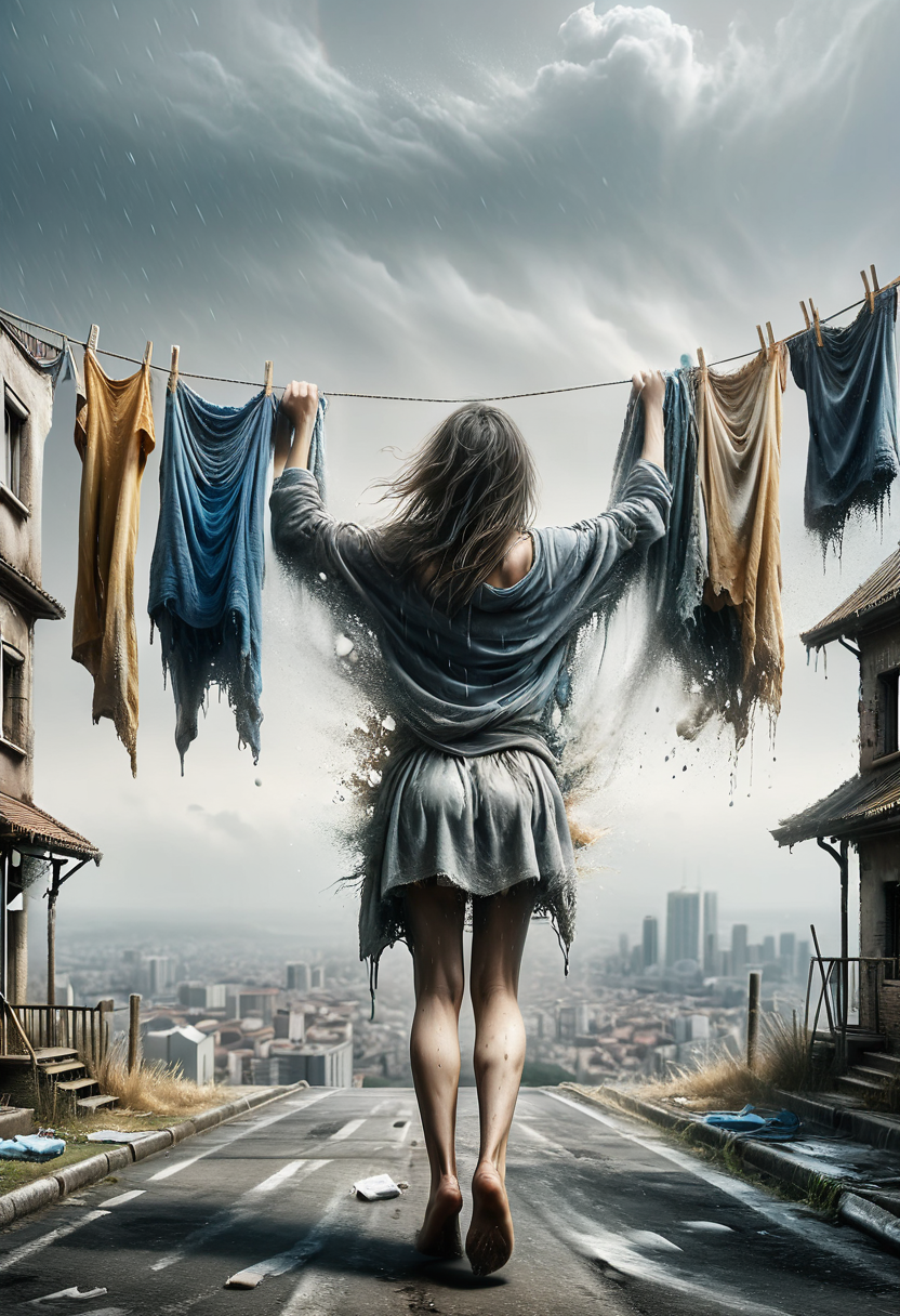 flying woman (hanging laundry on clothesline:1.3), from behind, side shot, bottom view:, strong wind, heavy rain, (city below:1.2), ral-dissolve, 8k, F2.8, RAW Photo, ultra detailed,  <lora:ral-dissolve:1.3>  <lora:Shadowy_Linens:0.5>