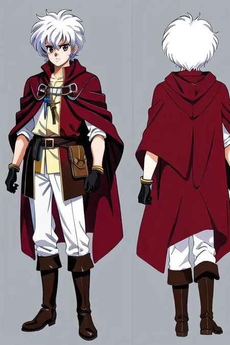 anime, 1man, man blue spike hair, short hair, red eyes, man mage, brown cloak, medieval fantasy, green boots, long gloves, retro anime, retro style, 1980s \(style\), dungeons and dragon, dark fantasy, simples background, model sheet, character design, chara-sheet