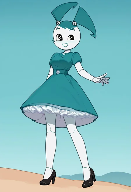 (Masterpiece, best quality:1.2), score_9, score_8_up, flat color, flat shading, soft shading, lighting, Jenny Wakeman as an adult, in a 1950's full length formal blue skirt, a white belt, button down v-neck formal black top, a fluffy frilly ruffled full white petticoat, and black high heels, dress, layered petticoat, frilly petticoat, fluffy petticoat, full petticoat, detailed petticoat ((wide skirt, detailed outfit, flowing skirt, long skirt, solid blue colored skirt, black high heels)), blue hair, series accurate, cute, best high quality, high res, robot, humanoid robot, medium breasts, whole body shot, 1girl, ((solo, outdoors, looking at you, low angle)), cute, seductive, seductive smile, half lidded eyes, low angle shot, cartoon, cartoon style, vector, solo, circle dress, 1950s, whisperfoot_style, dance dress jenny, jenny wakeman, 1girl, solo, robot joints, black eyes, white skin, ponytail, hair bow, blue rose chest corsage, poofy dress, blue hair, flat lighting