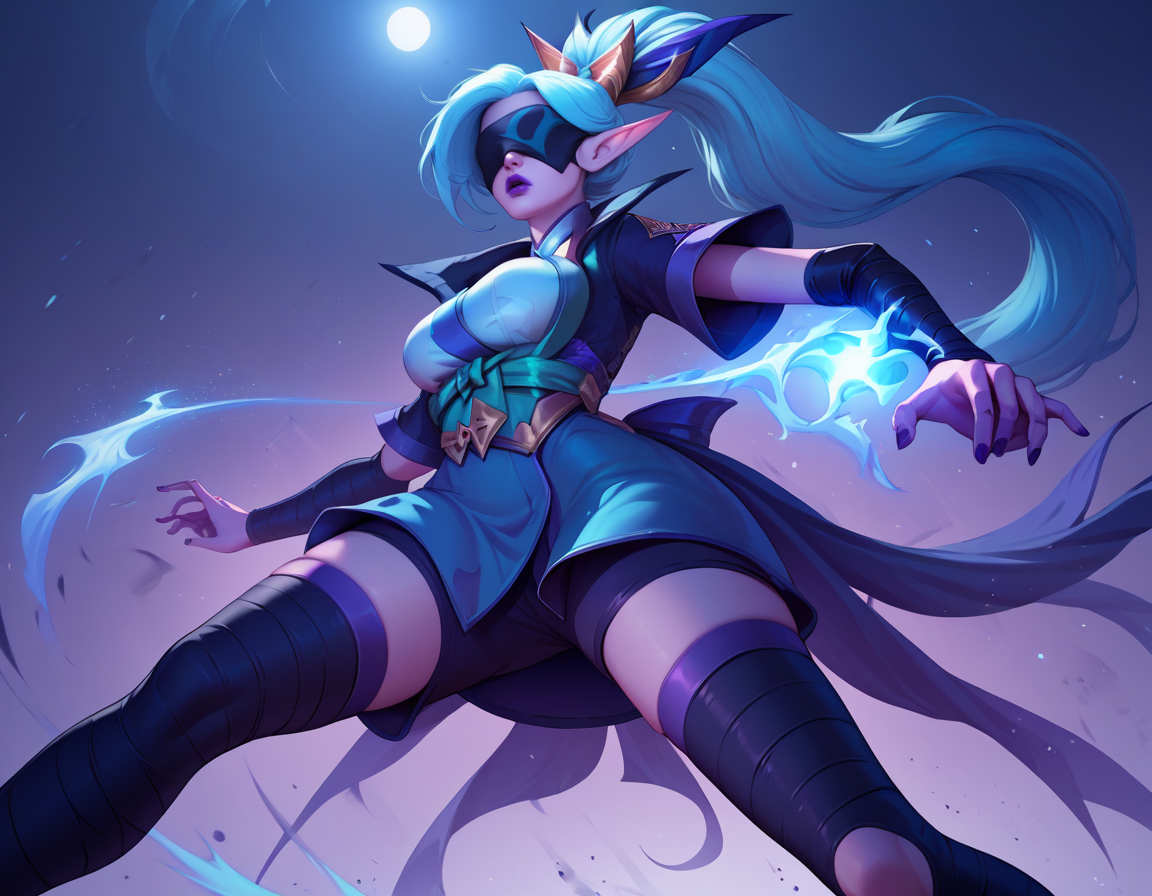 score_9, score_8_up, score_7_up,score_6_up, score_5_up, score_4_up ,1girl, solo, 
large breasts, 
SBVayneDG,
sbvayneDG,
long hair, elf, purple lips,  blue hair, hair ornament, ponytail, 
toeless legwear,covered eyes,  thighhighs, open jacket, short sleeves, elbow gloves, 
battle, fighting stance,  clenched hands, 
glowing, light particles, night, 
from below, 
 <lora:SB Vayne PonyXL:1>