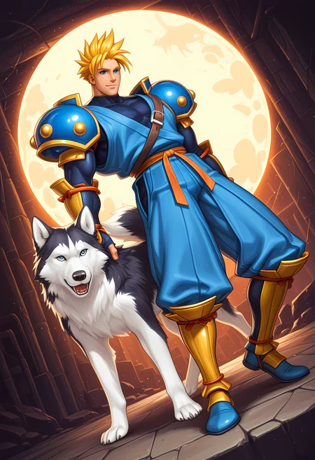 masterpiece, best quality, amazing quality, dutch angle, abstract background, BREAK
solo, male focus, 1boy, ss_galford, blonde hair, spiked hair, blue eyes, blue armor, BREAK
feral, canine, ss_p0ppy, husky, black and white fur, quadruped, BREAK
<lora:cfg_scale_boost:.6> <lora:Galford_D._Weller_and_Poppy_-_Samurai_Shodown_-_ILXL:1>
