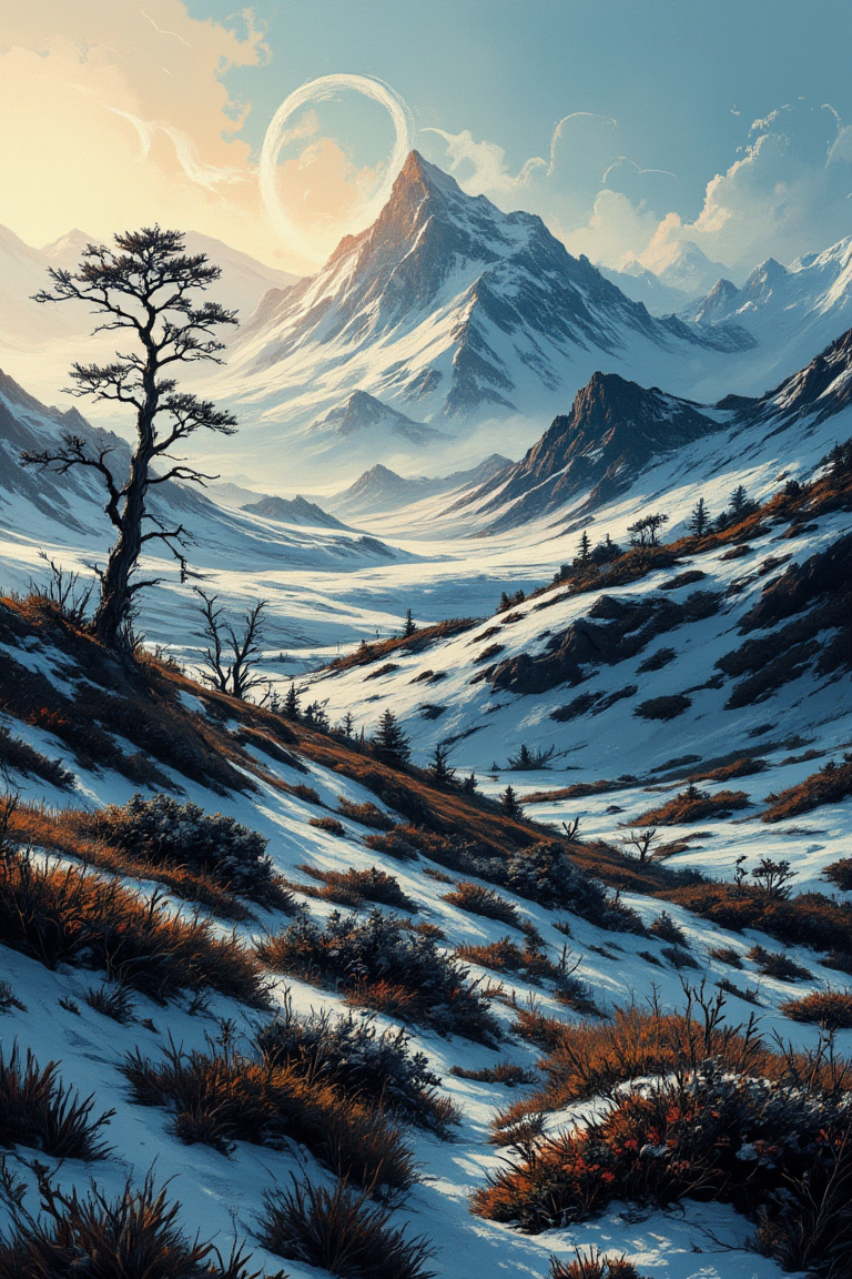 Spooky Art Drawing. aidmafluxpro1.1. A serene and breathtaking image of a vast Tundra landscape unfolds before us. Framed by the majestic curve of the horizon, the shot captures the infinite expanse of rolling hills and snow-covered peaks stretching towards the distance. Softly glowing sunlight casts long shadows across the terrain, illuminating delicate tufts of grasses and shrubs that dot the otherwise barren terrain. In the foreground, a lone tree stands tall, its branches etched against the sky like a work of art. The air is crisp and cold, with wisps of mist curling upwards from the ground.