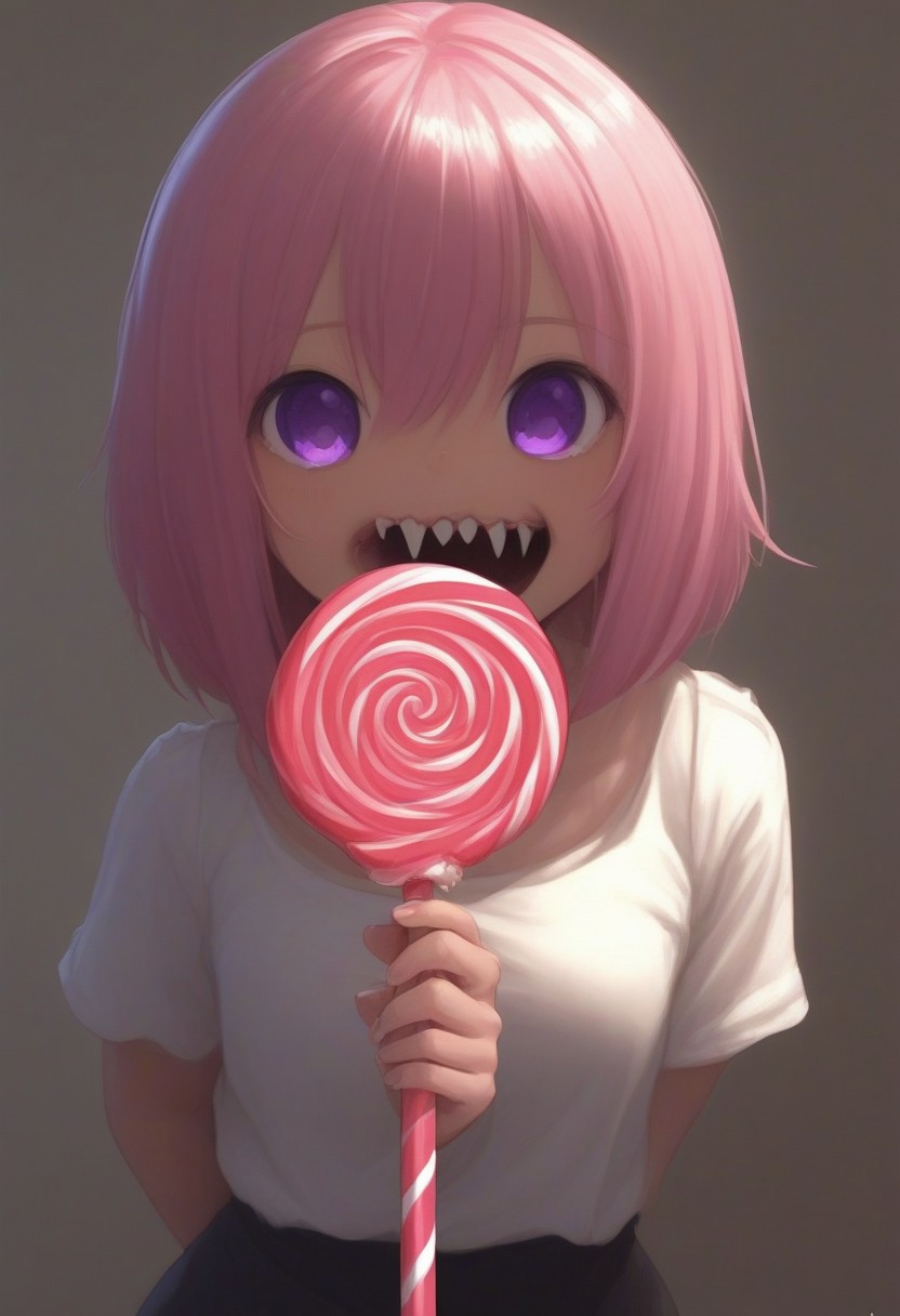 CivChan, purple eyes, pink hair,
(licking a giant lollipop made from teeth, made_from_teef:1.5)