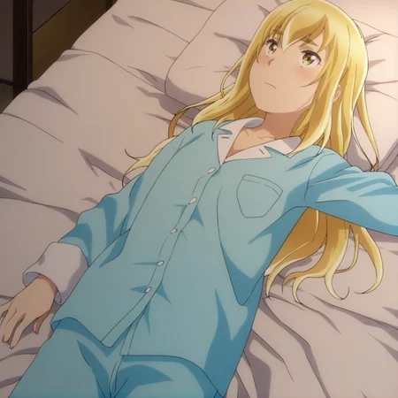 sharp focus, masterpiece, source_anime, (anime_screencap:1.2), absurd res, best quality, BREAK
<lora:Anzu_hinamatsuri_IL_v0.8:1>, 1girl, solo, anzu_il, blonde_hair, long_hair, bangs, hair_between_eyes, yellow_eyes, blue_pajama_shirt, blue_pajama_pants, bedroom, lying, cowboy shot