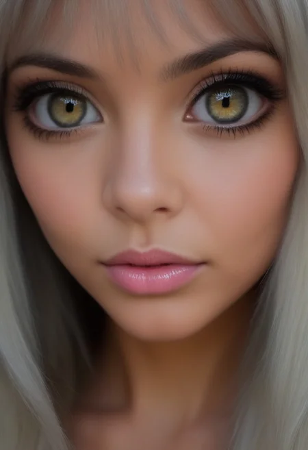 An extreme photorealistic upper body shot of a cat girl with mesmerizing golden eyes and slit pupils. She has long, flowing two-tone hair, white and black, with striking, unrealistic beauty. Her pink lips curve slightly to reveal sharp fangs, and her long fingernails are a key feature of her sleek cat suit.Include tiny imperfections like pores, faint freckles, and slight skin texture variations to add realism.Realistic lip texture with soft lines, slight gloss, and natural color variation.Realistically detailed tear ducts, slightly moist, enhancing the natural appearance of the eyes.Faint, barely visible veins under the eyes, adding depth and authenticity to the skin.Individually rendered eyebrow hairs with natural variation in direction, length, and thickness.Variation in hair strand thickness, with some thinner and finer than others.Detailed texture on the cat suit, showing the weave or material pattern, such as leather, spandex, or velvet.Shadows that move with the character, responding to her position and the light source accurately, 28 YEARS OLD, wrinkles, cat girl, close-up,crystal, gem,sparkle, YELLOW EYES, CAT EYES, denise, catgirl, Gothic castle, lively, luminescent, Majestic castle, big eyes.