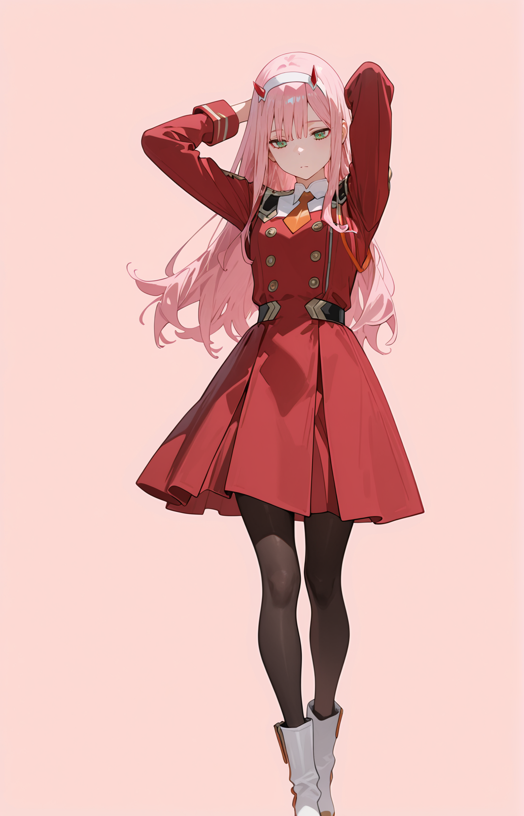 perfect quality,high quality,masterpiece,best quality,amazing quality,very aesthetic,absurdres,Cinematic Lighting,newest,
front view,full_shot,Contemplative expression,
ZeroTwoCYQL,1girl,solo,pink hair,long hair,bangs,horns,hairband,white hairband,green eyes,uniform,military uniform,dress,red dress,double-breasted,necktie,orange necktie,short necktie,long sleeves,pantyhose,black pantyhose,boots,white footwear,
full body,standing,arms_up,,
dark_pink background,simple background,
usnr,748cmstyle,<lora:USNR STYLE_XL_loha:0.45>,<lora:spo_sdxl_10ep_4k-data_lora_webui:0.6>,<lora:illustrious_all_rated_v1:0.6>,<lora:748cmSDXL:0.6>,<lora:illustrious_quality_modifiers_masterpieces_v1:0.8>,<lora:ZeroTwoCYQL:1>,