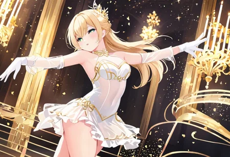 Best quality, masterpiece, exquisite ballet hall, one dancer girl with round pert breasts, dynamic movement, dancing, adorable golden blond long loose fluffy ruffled hair, adorable smooth happy face, bright green eyes, white leotard with long sleeves and gloves, bare shoulders and legs, slim waist, thick clavicle, thick pelvis, thick hips, thick thighs