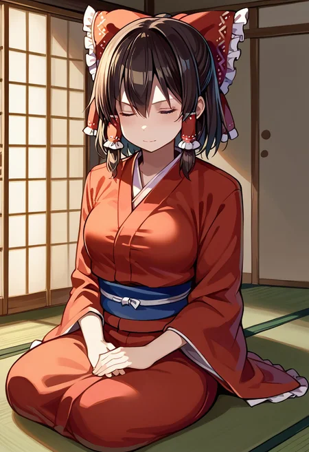 score_9, score_8_up, score_7_up, score_6_up, 1girl, solo, Reimu Hakurei, Reimu from Touhou, Hakurei Reimu, Reimu, light skinned female, sitting, stoic, furrowed brow, militaristic expression, stoic expression, indoors, traditional japanese house, tatami, shouji, closed eyes, eyes shut, meditation, meditating, legs crossed, kimono, wearing kimono, samurai, traditional Japanese clothing, japanese clothing, seiza, seiza sitting,