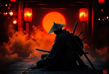 . A medium shot of a male Samurai kneeling in front of a shrine surrounded by traditional lanterns glowing in the dusk with ornate kabuto decorations and dramatic shadows from a sunset., <lora:bv-crimson-ronin-style-v1.safetensors:1.0:1.0>