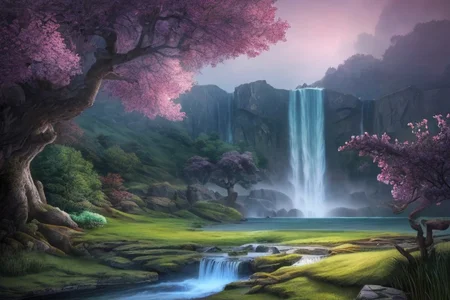 RAW photo, masterpiece, subsurface scattering, heavy shadow, high quality, intricate, high detail, professional photography, HDR, High Dynamic Range, realistic, ultra realistic, photorealistic, high resolution, film photography, ambient lighting, atmospheric effects, <lora:detail_slider_v4>, OverallDetail, <lora:Darkshores>, cherry blossoms, darkshores, grass, night, no humans, outdoors, plant, reflection, scenery, sky, tree, waterfall