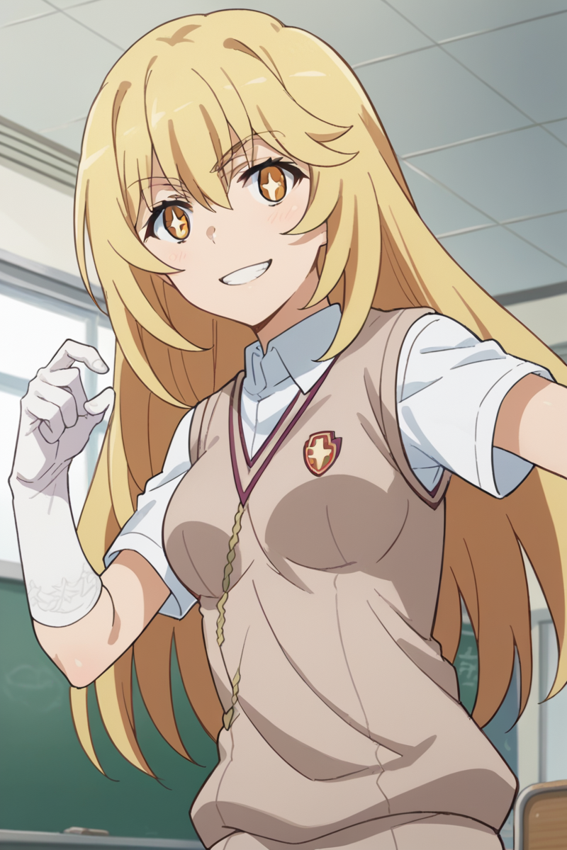 score_9, score_8_up, score_7_up, source_anime,
misakishokuhou, <lora:misaki-shokuhou-s3-ponyxl-lora-nochekaiser:1>,
misaki shokuhou, blonde hair, hair between eyes, long hair, symbol-shaped pupils, yellow eyes, smile,
elbow gloves, gloves, school uniform, short sleeves, summer uniform, sweater vest, tokiwadai school uniform, white gloves, light brown sweater vest,
indoors, classroom,
looking at viewer, cowboy shot, dutch angle, dynamic pose,