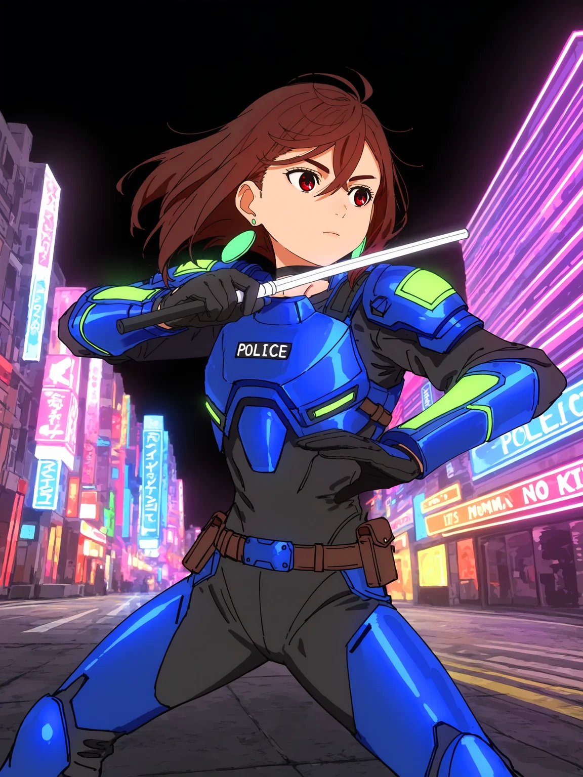 anime style,sketch,doodle,
masterpiece,best quality,amazing quality,
momo_ayase, 1girl, solo, short brown hair, red eyes, green earrings,
expressiv colors,
colorful,1girl,solo,
standing,
black choker,
futuristic police uniform, blue armor, science_fiction,
fighting stance, holding baton_\(weapon\), serious,
white glowing baton,
dark nights,neon_lights, outdoors, city,
dark,
(black background:0.9),
looking to the side,
dynamic_pose,
high_contrast,
black gloves,