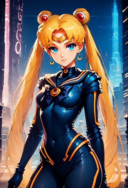 score_9, score_8_up, score_8, medium breasts, (curvy),
sailor moon, blonde hair, blue eyes, double bun, hair bun, hair ornament, long hair, twintails, circlet, parted bangs,
zzCitronLegacy, 1girl, solo, breasts, looking at viewer, bodysuit, neon glow,
city, night,
zPDXL, Expressiveh