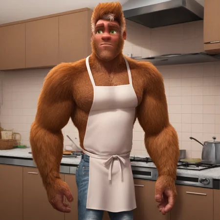 bigfoot, hairy, tall, muscular, bara, green eyes, wearing jeans, in a kitchen, brown fur, solo, alone, wearing white apron