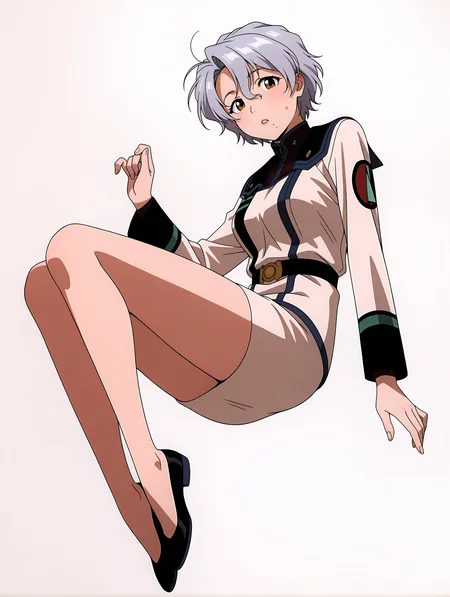 masterpiece,best quality,newest,
1girl,solo,
<lora:Sally_Saint_Ford_ilxl_v1.1:1>,s_s_f,grey hair,brown eyes,mole under mouth,s_clothes,pencil_skirt,
<lora:Fixhands_anime_bdsqlsz_V1:1>,light_blush,cinematic_angle,looking_at_viewer,jumping,full body,parted lips,sweatdrop,white_background,simple_background,dynamic_angle,surprised,