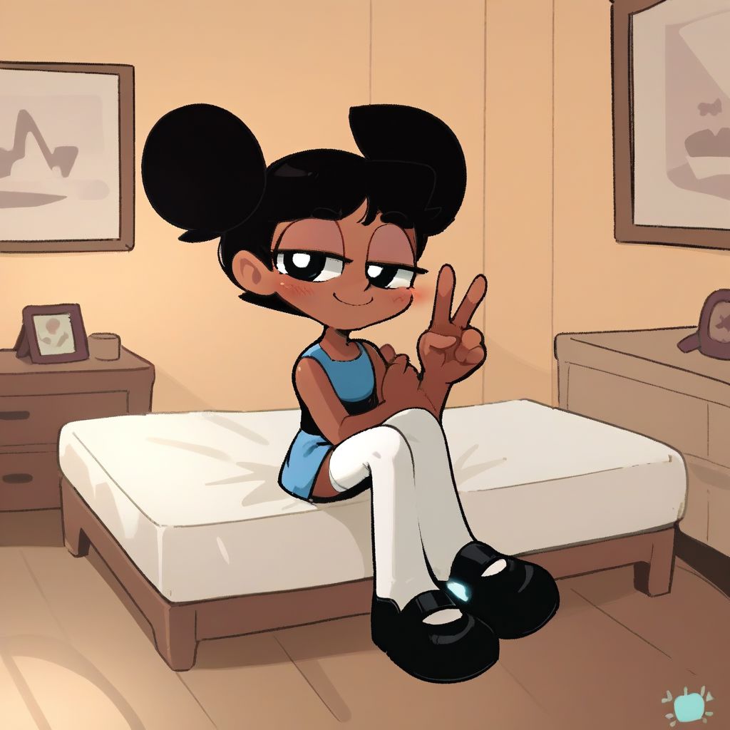 score_9, score_8_up, score_7_up, score_6_up, score_5_up, score_4_up, BREAK, source_anime, connie_maheswaran, indoors, short twintails, black hair, small breasts, black footwear, white thighhighs, smile, smug, blush, blue top, sleeveless, blue miniskirt, peace sign, pantsless, powerpuff, dark-skinned female, 1girl, sitting, indoors, living room, on bed,