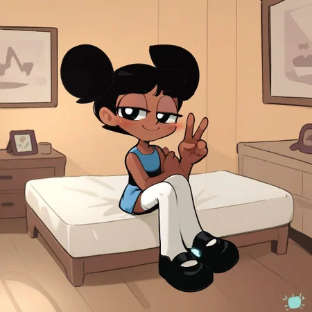 score_9, score_8_up, score_7_up, score_6_up, score_5_up, score_4_up, BREAK, source_anime, connie_maheswaran, indoors, short twintails, black hair, small breasts, black footwear, white thighhighs, smile, smug, blush, blue top, sleeveless, blue miniskirt, peace sign, pantsless, powerpuff, dark-skinned female, 1girl, sitting, indoors, living room, on bed,