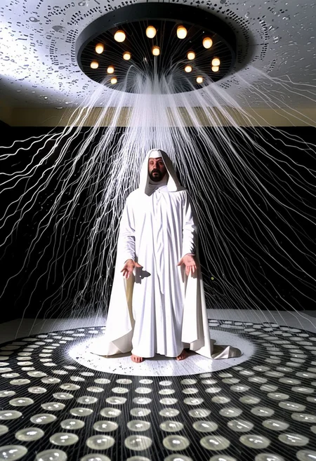 black room light vesica piscis cloaked figure side on in mid air and dripping runny eggs holy mountain style bouncing off surfaces, faces on the floor and in the ceiling, ghosts swirling, psychedelic chaos high quality circuit boards with wet looking high definition brains in a wet raining factory 1980s tv test pattern mirrored prisms low exposure light the magician tarot card upscaled high resolution diffused light on subjects high definition 16k very sharp super chaotic scenes , super wet and glistening with