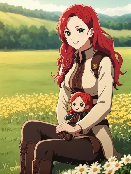 score_9, score_8_up, score_7_up, (anime coloring), anime screencap, clean outlines, <lora:HeraLOTR:0.9>, HeraLOTR, solo, red hair, long hair, braid, (uniform), long brown boots, black pants, green eyes, flowing hair, long sleeves, breasts, sitting on hill, smile, cute, happy, outdoors, nature, flowers, field, (holding character doll), detailed background, realistic background, dark scenery, godrays, depth of field, shadows, angle, yellow tint, looking at viewer, from side, four fingers, <3, <lora:holding_fufu_pony_d16:1>