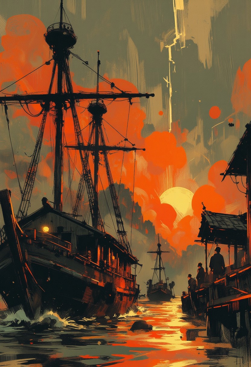 OBxiaoxiang, Special Ink-drawing mode, Mh1$AgThS2, intricate linework with expressive contrasts, inksketch of a Chinese Junk sailing into a south-east asian medieval harbour, sunset