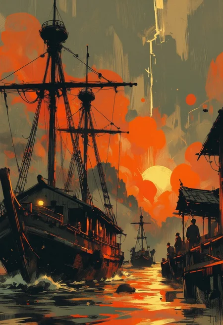 OBxiaoxiang, Special Ink-drawing mode, Mh1$AgThS2, intricate linework with expressive contrasts, inksketch of a Chinese Junk sailing into a south-east asian medieval harbour, sunset