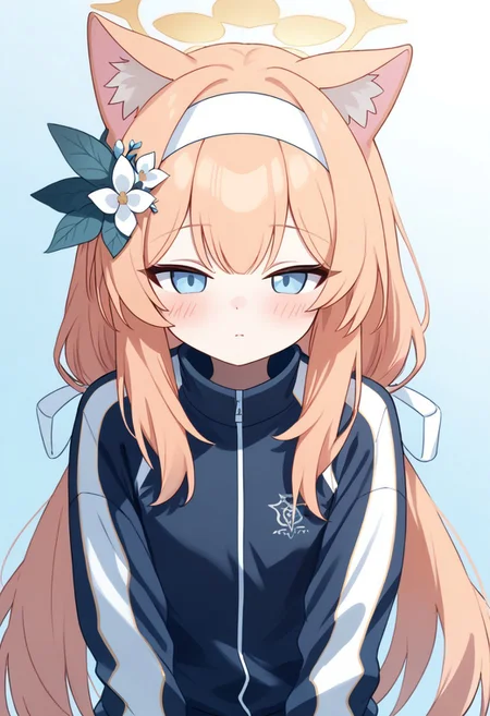 score_9, score_8_up, score_7_up, upper body Mari_(Track)_(Blue_Archive), blue_eyes, orange_hair, braid, long_hair, flat_chest, halo, hair_flower, animal_ear_fluff, gym_shorts, blue_shorts, track_jacket, blue_jacket, white_hairband Mari_(Blue_Archive), Mari_(Blue_Archive), easynegative, fxmeme, portrait