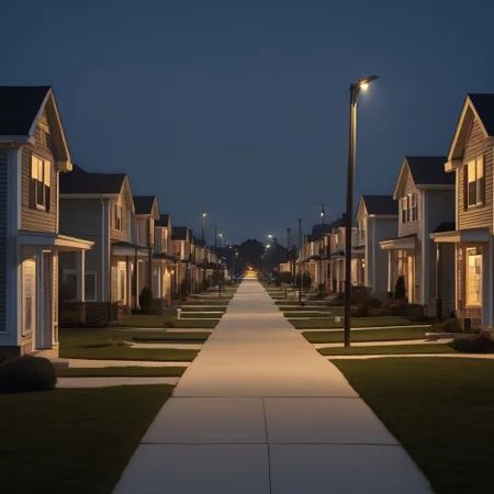 liminal, suburban,
4 story buildings, night, street lamp,
driveways, ticket booths, lineup,
3 houses,
architecture, no humans,
driveways, sidewalks, lamps, depth of field,