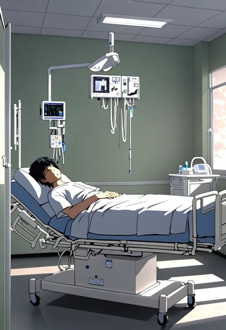 Highres, Masterpiece, High Quality, 4K, 8K, solo, 1Boy, Takaki Toono, adult, black hair, short hair, inpatient room, supine, patient, soft light, hospital, medical furniture, sleep, pale, infusion, tired, sick, uncomfortable, easynegative, detailed_eye_model