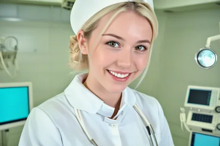 Inside a modern operating room, a young blonde nurse wears white nurse uniform with nurse cap, with a gentle smile on the face.
<lora:nurse_uniform_xl_v1-000003:1>