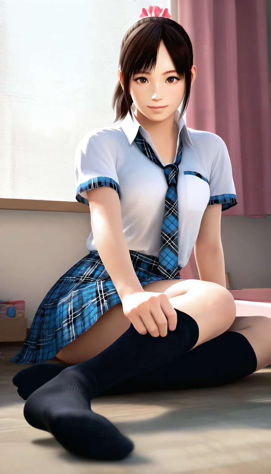 masterpiece,best quality,amazing quality,
<lora:miiyamotohikariNAI:1>,miiyamotohikari,realistic,
1girl,solo,black hair,ponytail,bangs,pink scrunchie,brown eyes,white collar shirt,plaid neck tie,blue plaid skirt,
black kneehighs,no shoes,
looking at viewer,
full body,sitting on floor,(pulling socks:1.2),
indoors,