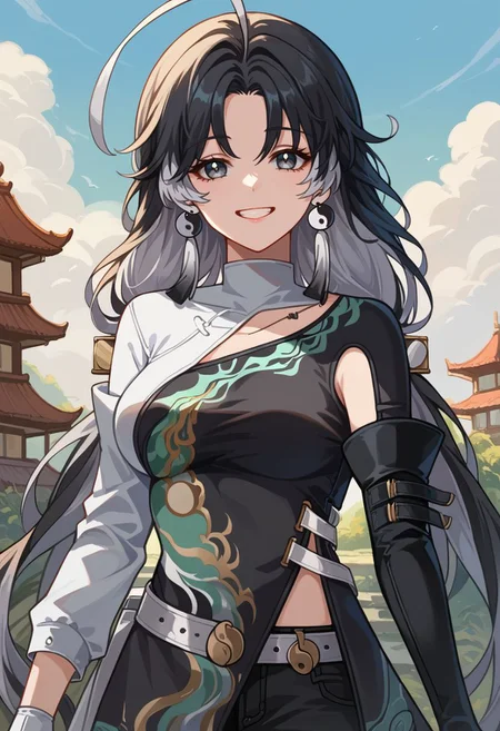 score_9, score_8_up, score_7_up, source_anime, 1girl, jianxindef, grey eyes, black hair, white hair, grey hair, multicolored hair, long hair, low twintails, ahoge, earrings, jewelry, yin yang, tassel, medium breasts, long sleeves, dress, chinese clothes, clothing cutout, white gloves, black gloves, asymmetrical gloves, white belt, black shorts, short shorts, bandages, single thighhigh, standing, smile, grin, looking at viewer, outdoors, portrait, close-up, upper body, facing viewer, <lora:Jianxin_v1-000010:1>
