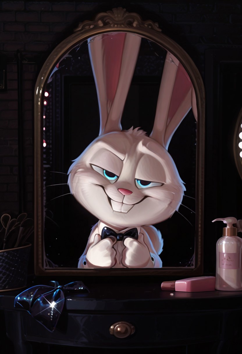 masterpiece, amazing quality, absurdres, ultra-detailed, detailed fluffy fur, no humans, furry male, solo, short, alec_azam, 1boy, white fur, blue eyes, whiskers, buck teeth, grin, teeth, rabbit tail, long ears, (droopy ears:1.1), unaligned ears, smug, half-closed eyes, eyelids, big black bowtie, sequined bowtie, glitter bowtie, detached collar, adjusting bowtie, hands up, head tilt, fluffy, body fur, fewer digits, 4 fingers, looking at viewer, big head, upper body, leaning forward, raised eyebrow, 
BREAK
looking at mirror, indoors, dressing room, vanity table, v4n1ty, hollywood mirror, mirror lights, bottles, (cosmetics:0.8), dark room, brick wall, light particles, detailed shading, WaiIL25PosC