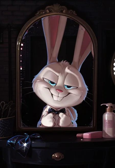 masterpiece, amazing quality, absurdres, ultra-detailed, detailed fluffy fur, no humans, furry male, solo, short, alec_azam, 1boy, white fur, blue eyes, whiskers, buck teeth, grin, teeth, rabbit tail, long ears, (droopy ears:1.1), unaligned ears, smug, half-closed eyes, eyelids, big black bowtie, sequined bowtie, glitter bowtie, detached collar, adjusting bowtie, hands up, head tilt, fluffy, body fur, fewer digits, 4 fingers, looking at viewer, big head, upper body, leaning forward, raised eyebrow, 
BREAK
looking at mirror, indoors, dressing room, vanity table, v4n1ty, hollywood mirror, mirror lights, bottles, (cosmetics:0.8), dark room, brick wall, light particles, detailed shading, WaiIL25PosC