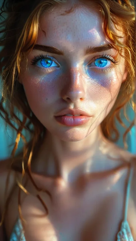 (((extremely details of face, eyes and skin with large iridescent bright colorful blue eyes, Exquisitely detailed))) 1girl 18yo nude, (full body in frame:1.3), large breast, backlighting, bare shoulders, blurry background, blush, breasts, cleavage, closed mouth, collarbone, forehead, freckles, hair over shoulder, short hair, hair in a bun, looking down, pointy nose, lips glossy, shadow, solo, thick eyebrows, thick eyelashes, (((extremely curly ginger hair))), ((masterpiece)), wide shot, zoomed out, BREAK
,<lora:Stunning_eyes_2:0.8>, <lora:- SDXL - vanta-black_contrast_V3.0:0.6>, <lora:add-detail-xl:0.4> <lora:MJ52:0.5>, <lora:SDXLFaeTastic2400:0.05>