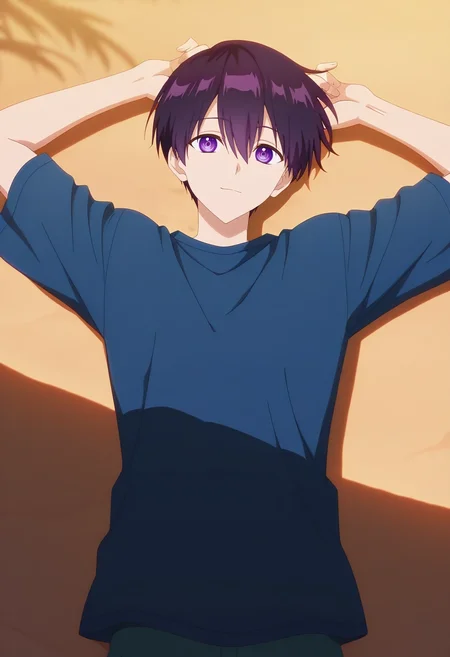 masterpiece, best quality, anime screencap, official style, anime coloring, cowboy shot, 1boy, solo, male focus, <lora:yuuki_izumi_ilxl:1>, yuuki_izumi, purple hair, purple eyes, short hair, bangs, hair between eyes, , desert lagoon, shimmering water, golden sands, palm shadows, lounging pose, relaxed expression, sunset glow,