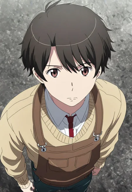 high resolution, solo, best quality, 1Boy, Inaho Kaizuka, Black Hair, Brown Eyes, standing, straight facing upwards, casual, seen from above, arrogant face, dominant, intimidate, OverallDetail