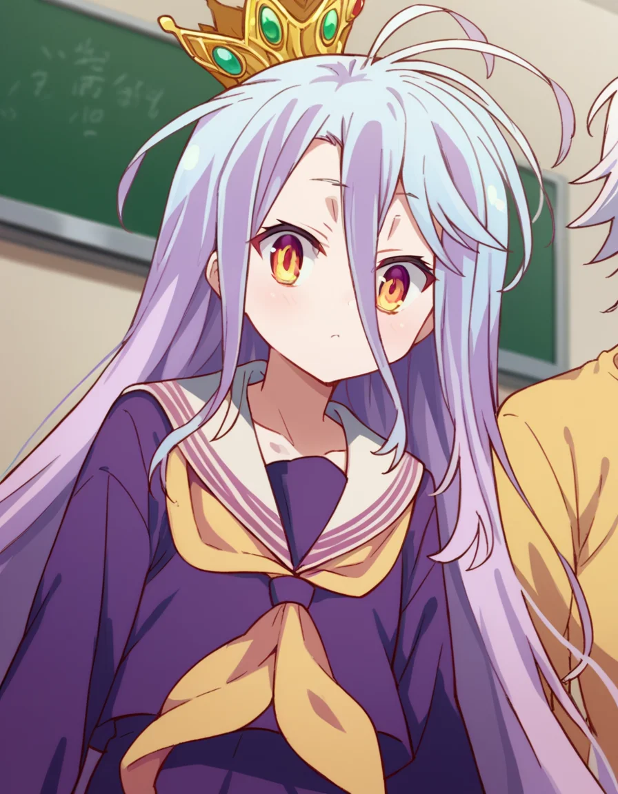 score_9, score_8_up, score_7_up, source_anime,
ngnlshiro, <lora:ngnl-shiro-s1-ponyxl-lora-nochekaiser:1>
shiro, long hair, hair between eyes, very long hair, white hair, messy hair, yellow eyes,
crown, shirt, long sleeves, school uniform, serafuku, sailor collar, neckerchief, white sailor collar, yellow neckerchief,
indoors, classroom,
looking at viewer, dutch angle, cowboy shot