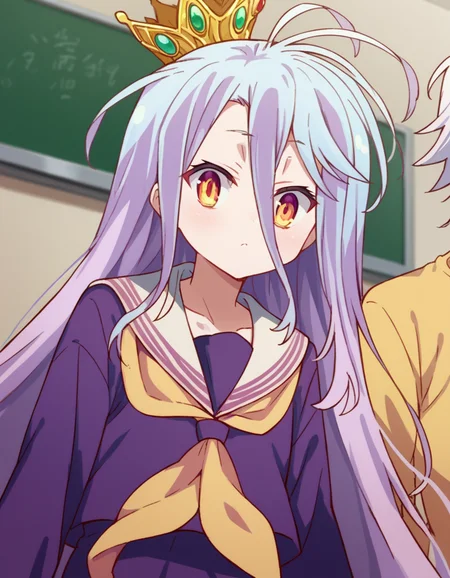 score_9, score_8_up, score_7_up, source_anime,
ngnlshiro, <lora:ngnl-shiro-s1-ponyxl-lora-nochekaiser:1>
shiro, long hair, hair between eyes, very long hair, white hair, messy hair, yellow eyes,
crown, shirt, long sleeves, school uniform, serafuku, sailor collar, neckerchief, white sailor collar, yellow neckerchief,
indoors, classroom,
looking at viewer, dutch angle, cowboy shot