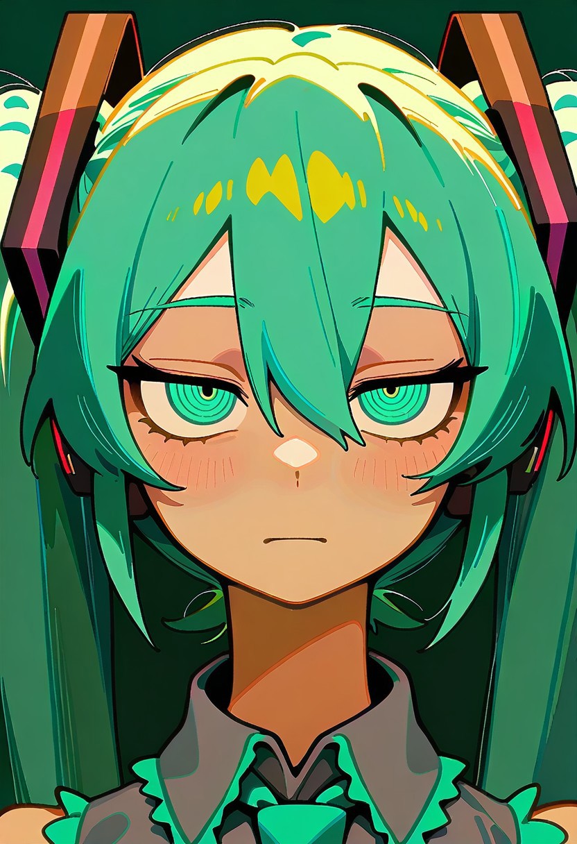 masterpiece,best quality,absurdres, amazing quality, hi res, masterpiece, best quality, detailed, amazing quality, detailed face, detailed eyes, clean eyes, best quality, highres, very aesthetic, newest, ultra-detailed, illustration, (best quality:1.1),ultra-detailed, high resolution, super detailed skin, beautiful detailed eyes, nsfw, Brightly Lit, Highly Visible, 8k, sharp focus, beautiful, perfect lighting, beautiful eyes, anatomically correct, anatomically correct face, extremely detailed eyes, smooth edges, beautiful face, symmetrical eyes, symmetrical face,
BREAK  Little_netizen, disdainful eyes, 1girl, hatsune miku, close up, portrait, eyes focus:0.5