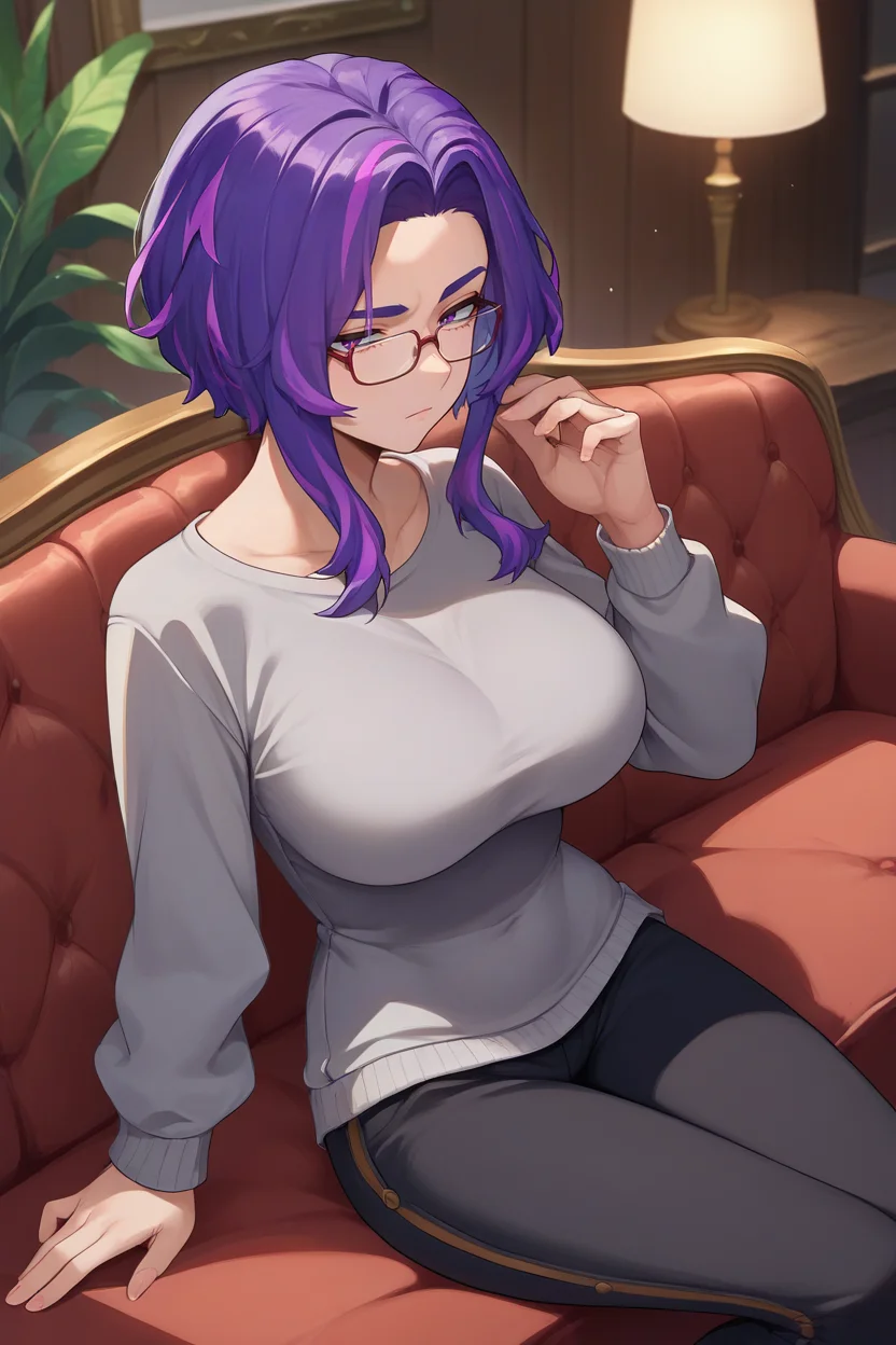 score_9, score_8_up, score_7_up, score_6_up, source_anime, BREAK 1girl, solo, <lora:ladynagant-pdxl-nvwls-v1-000005:1> ladynagant, purple hair, streaked hair, short hair, purple eyes, large breasts, glasses, grey sweater, black pants, sitting, couch