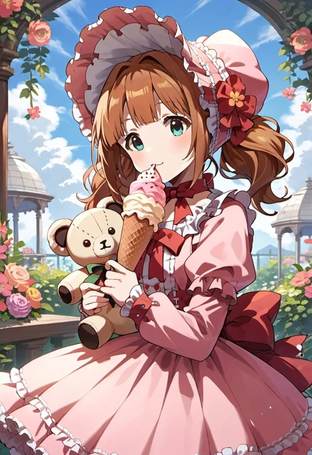 score_9, score_8_up, score_7_up, source_anime,takatsuki yayoi, reddish-brown hair, twintails, aqua eyes, 1girl, stuffed animal, solo, ice cream, stuffed toy, food, flower, bonnet, dress