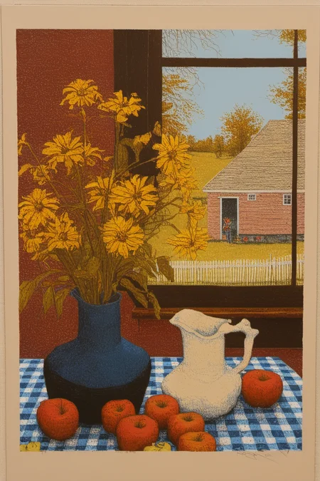a painting of a vase of flowers and apples on a table with a window in the background and a blue and white checkered tablecloth by Tom Bartek <lora:Tom_Bartek_Style_XL>
