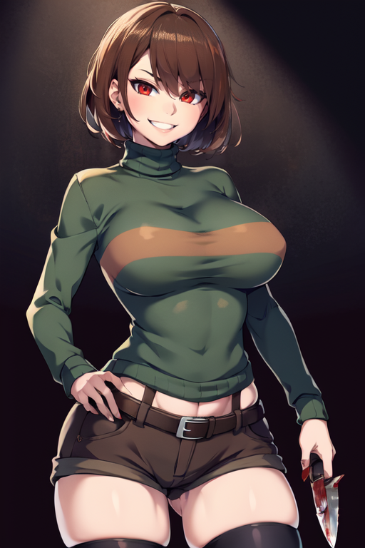 masterpiece,best quality,extreme detail,8k,<lora:chara:0.8>,chara+18,1girl,solo,breasts,looking at viewer,smile,short hair,brown hair,red eyes,thighhighs,holding,sweater,turtleneck,black background,aged up,impossible clothes,brown thighhighs,evil smile,striped sweater,shorts,knife,blood,